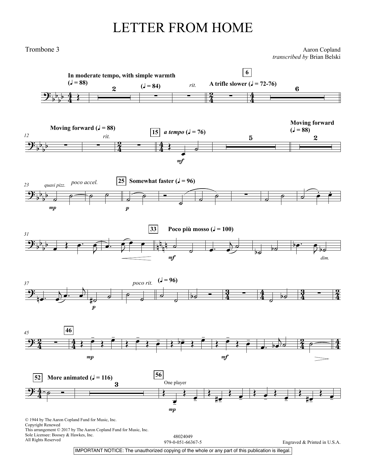 Brian Belski Letter From Home Trombone 3 Sheet Music Pdf Notes Chords Classical Score Concert Band Download Printable Sku 372202