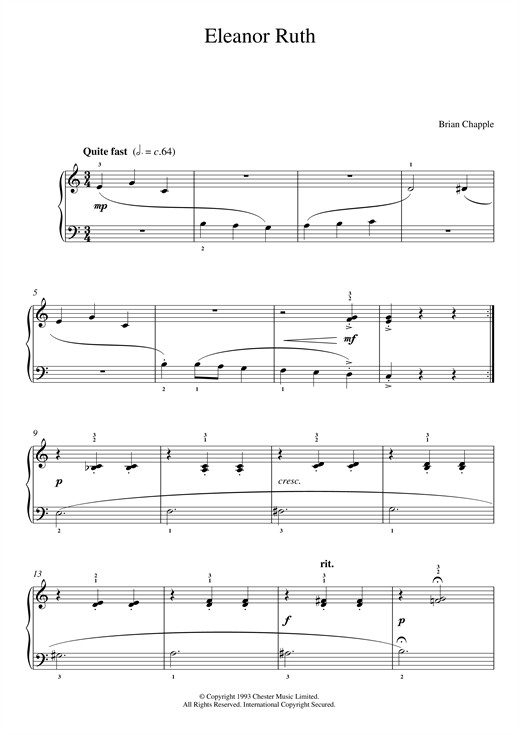 Learn to play Brian Chapple Eleanor Ruth (from In The Pink) sheet music for Piano Solo in minutes. Price: 6.9900$ Brian Chapple Eleanor Ruth (from In The Pink) sheet music notes and chords arranged for Piano Solo