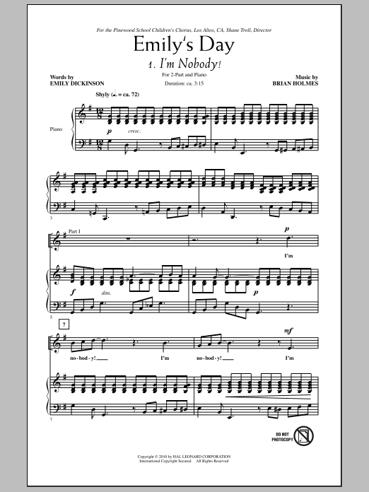 Learn to play Brian Holmes Emily's Day (Choral Collection) sheet music for 2-Part Choir in minutes. Price: 3.9900$ Brian Holmes Emily's Day (Choral Collection) sheet music notes and chords arranged for 2-Part Choir