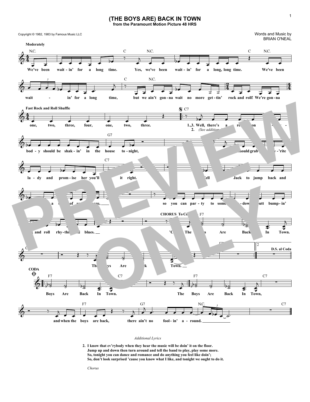 Learn to play Brian O'Neal (The Boys Are) Back In Town sheet music for Lead Sheet / Fake Book in minutes. Price: 5.9900$ Brian O'Neal (The Boys Are) Back In Town sheet music notes and chords arranged for Lead Sheet / Fake Book
