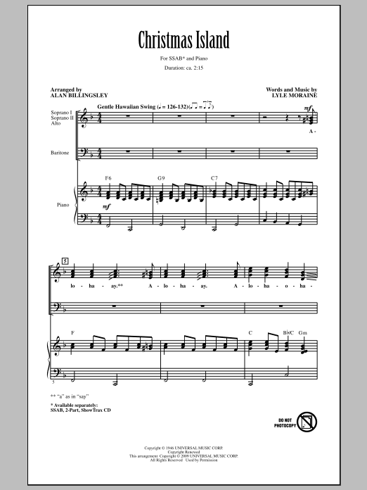 Learn to play Brian Setzer Christmas Island (arr. Alan Billingsley) sheet music for 2-Part Choir in minutes. Price: 3.9900$ Brian Setzer Christmas Island (arr. Alan Billingsley) sheet music notes and chords arranged for 2-Part Choir