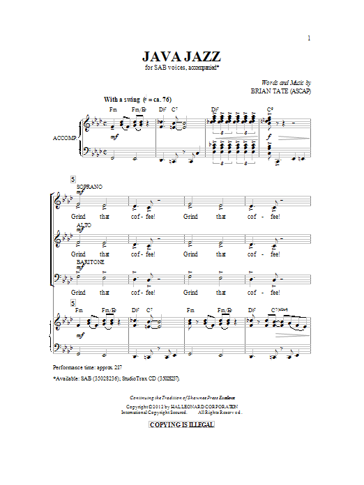 Brian Tate Java Jazz sheet music notes and chords. Download Printable PDF.