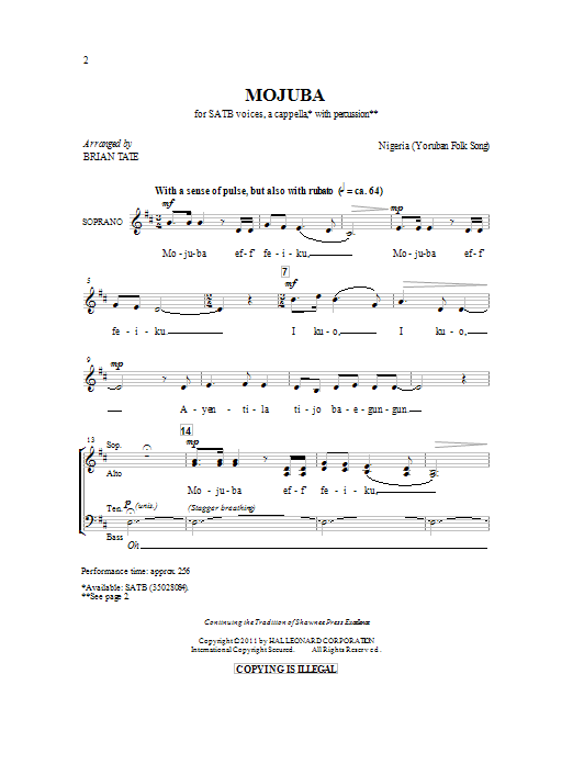 Brian Tate Mojuba sheet music notes and chords. Download Printable PDF.