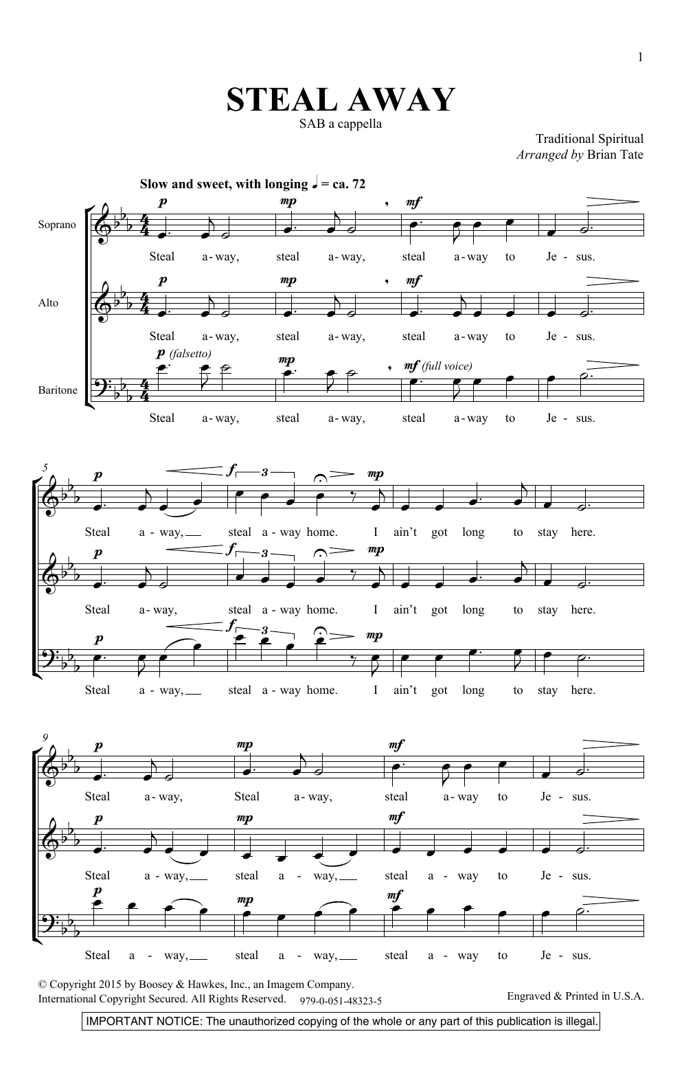 Brian Tate Steal Away sheet music notes and chords. Download Printable PDF.