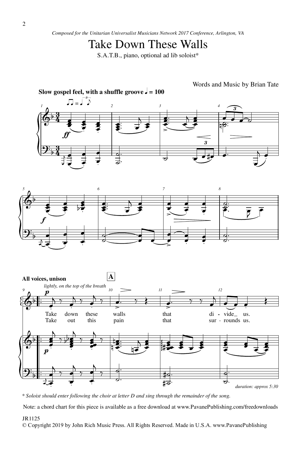 Learn to play Brian Tate Take Down These Walls sheet music for SATB Choir in minutes. Price: 3.9900$ Brian Tate Take Down These Walls sheet music notes and chords arranged for SATB Choir