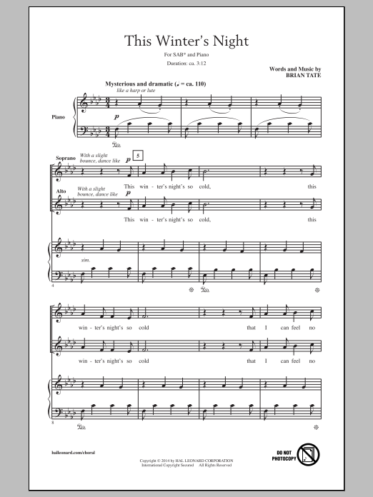 Learn to play Brian Tate This Winter's Night sheet music for SAB Choir in minutes. Price: 3.9900$ Brian Tate This Winter's Night sheet music notes and chords arranged for SAB Choir