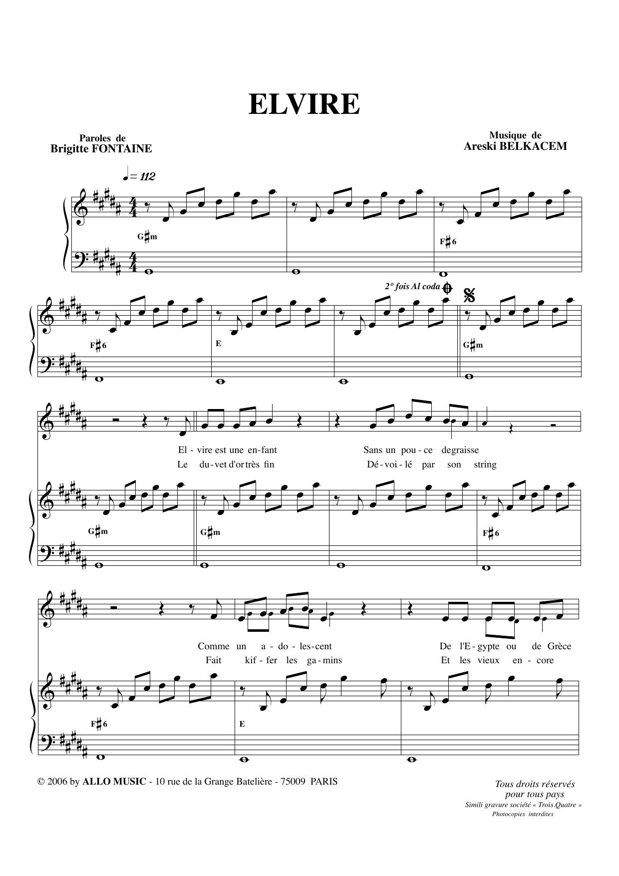 Brigitte Fontaine & Areski Belkacem Elvire sheet music notes and chords. Download Printable PDF.