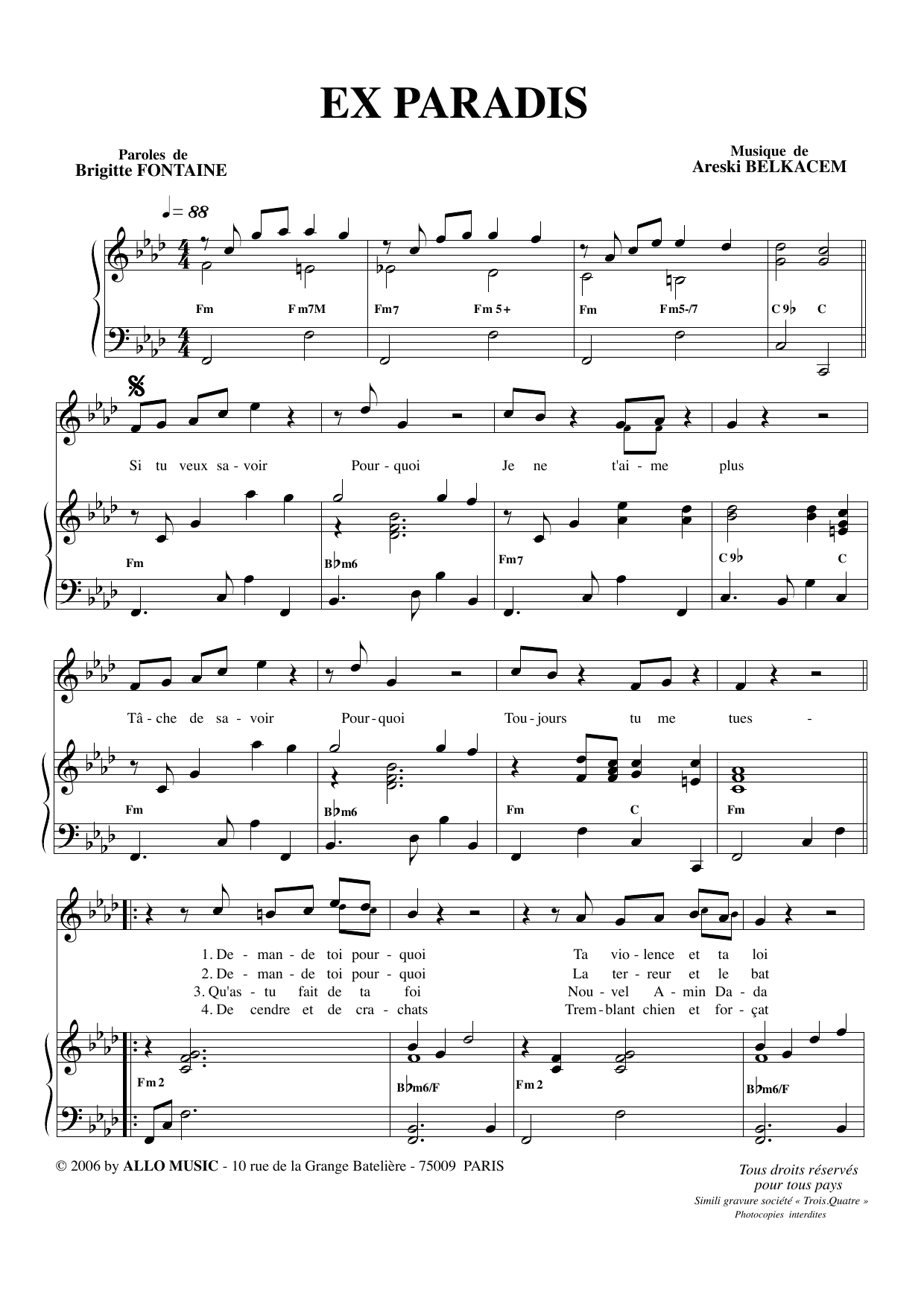 Brigitte Fontaine & Areski Belkacem Exparadis sheet music notes and chords. Download Printable PDF.