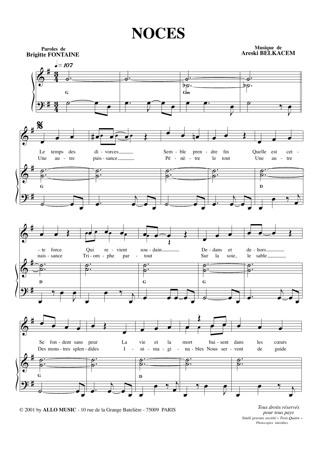 Brigitte Fontaine & Areski Belkacem Noces sheet music notes and chords. Download Printable PDF.