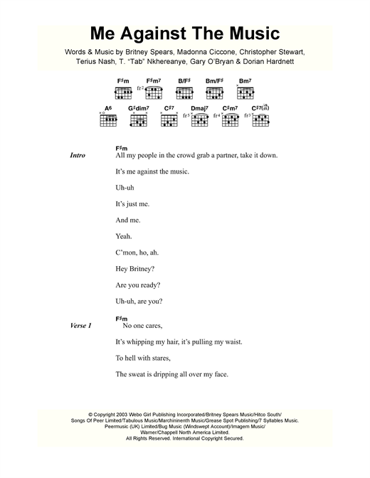 Britney Spears Me Against The Music (feat. Madonna) sheet music notes and chords. Download Printable PDF.