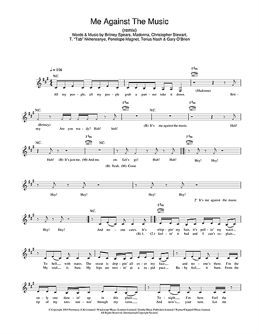 Britney Spears Me Against The Music Remix Feat Madonna Sheet Music Pdf Notes Chords Pop Score Piano Vocal Guitar Download Printable Sku 105835