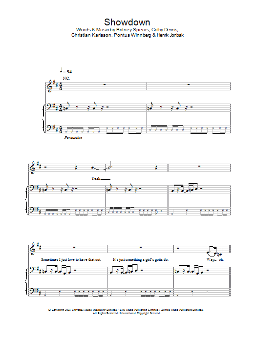 Learn to play Britney Spears Showdown sheet music for Lead Sheet / Fake Book in minutes. Britney Spears Showdown sheet music notes and chords. Download Printable PDF.