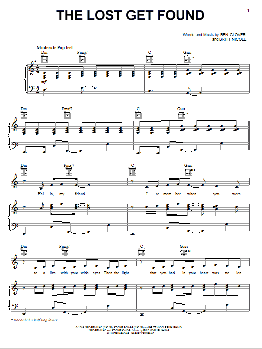Learn to play Britt Nicole The Lost Get Found sheet music for Easy Piano in minutes. Price: 6.9900$ Britt Nicole The Lost Get Found sheet music notes and chords arranged for Easy Piano