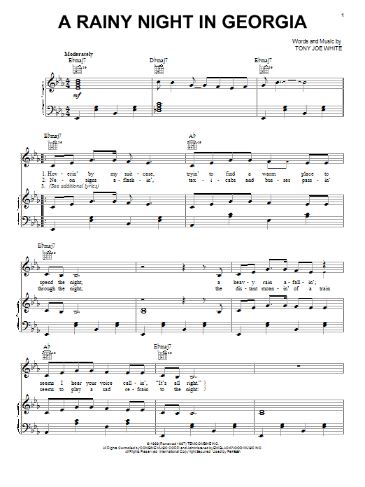 Preview Brook Benton A Rainy Night In Georgia Jazz sheet music, notes and chords for Piano, Vocal & Guitar (Right-Hand Melody), SKU: 18312 sheet music, piano notes, chords, guitar tabs, score, transpose, transcribe, how to play, guide, download, learn, tutorial, progression, song, artist, awards, billboard, mtv, vh1, tour, single, album, release