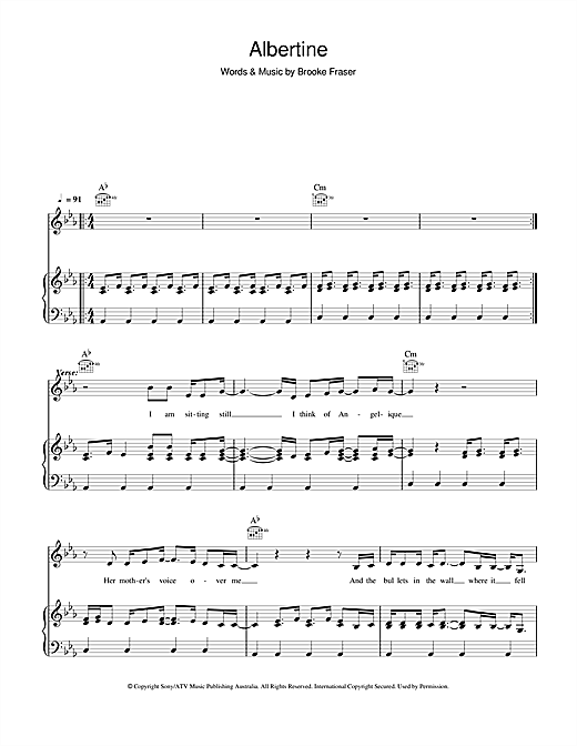 Brooke Fraser Albertine sheet music notes and chords arranged for Piano, Vocal & Guitar Chords