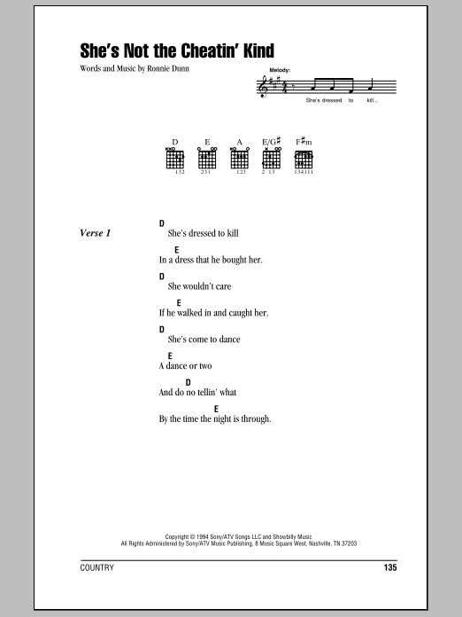 Learn to play Brooks & Dunn She's Not The Cheatin' Kind sheet music for Easy Lead Sheet / Fake Book in minutes. Price: 5.9900$ Brooks & Dunn She's Not The Cheatin' Kind sheet music notes and chords arranged for Easy Lead Sheet / Fake Book
