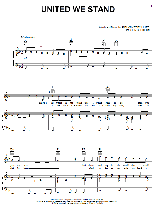 Preview Brotherhood Of Man United We Stand Country sheet music, notes and chords for Piano, Vocal & Guitar (Right-Hand Melody), SKU: 18893 sheet music, piano notes, chords, guitar tabs, score, transpose, transcribe, how to play, guide, download, learn, tutorial, progression, song, artist, awards, billboard, mtv, vh1, tour, single, album, release