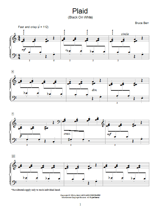 Learn to play Bruce Berr Plaid (Black On White) sheet music for Educational Piano in minutes. Bruce Berr Plaid (Black On White) sheet music notes and chords. Download Printable PDF.