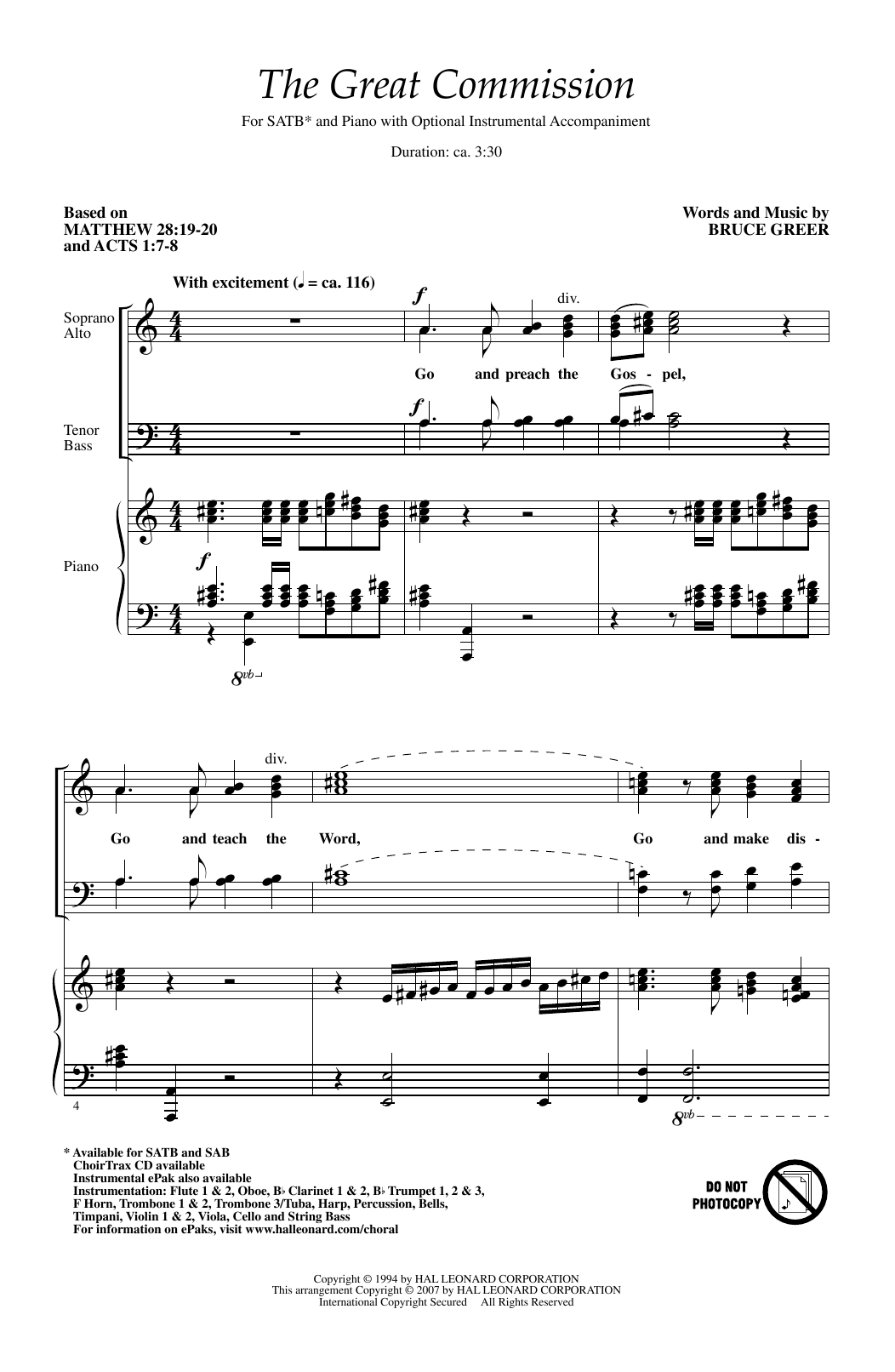 Bruce Greer The Great Commission sheet music notes and chords. Download Printable PDF.