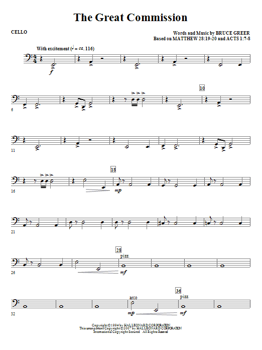 Learn to play Bruce Greer The Great Commission - Cello sheet music for Choir Instrumental Pak in minutes. Bruce Greer The Great Commission - Cello sheet music notes and chords. Download Printable PDF.