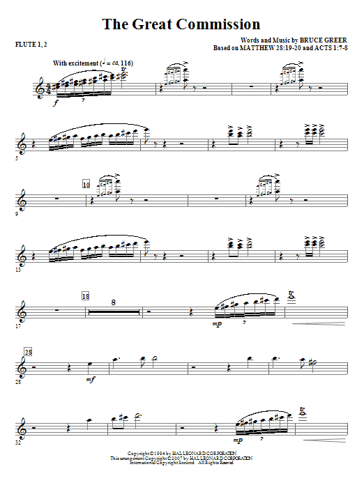 Learn to play Bruce Greer The Great Commission - Flute 1 & 2 sheet music for Choir Instrumental Pak in minutes. Bruce Greer The Great Commission - Flute 1 & 2 sheet music notes and chords. Download Printable PDF.
