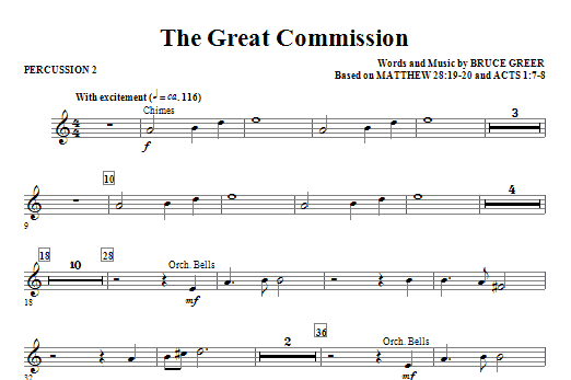 Learn to play Bruce Greer The Great Commission - Percussion 2 sheet music for Choir Instrumental Pak in minutes. Bruce Greer The Great Commission - Percussion 2 sheet music notes and chords. Download Printable PDF.