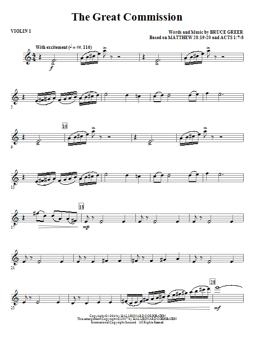 Learn to play Bruce Greer The Great Commission - Violin 1 sheet music for Choir Instrumental Pak in minutes. Bruce Greer The Great Commission - Violin 1 sheet music notes and chords. Download Printable PDF.