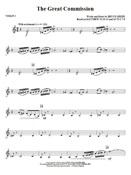 Learn to play Bruce Greer The Great Commission - Violin 2 sheet music for Choir Instrumental Pak in minutes. Bruce Greer The Great Commission - Violin 2 sheet music notes and chords. Download Printable PDF.