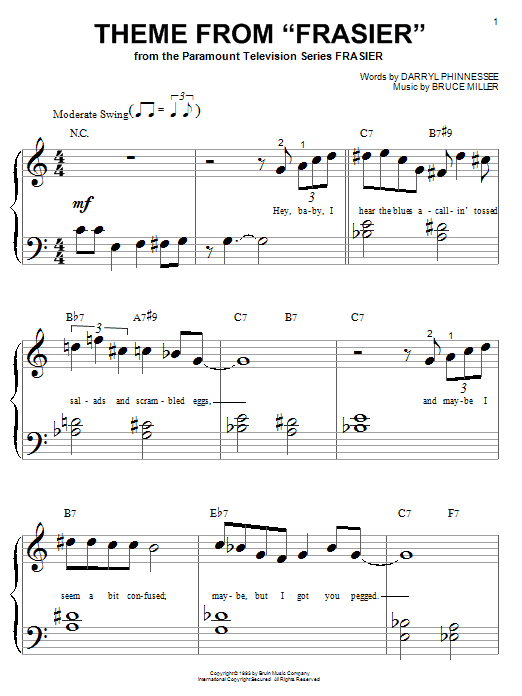 Learn to play Kelsey Grammer Tossed Salad And Scrambled Eggs (theme from Frasier) sheet music for Big Note Piano in minutes. Price: 6.9900$ Kelsey Grammer Tossed Salad And Scrambled Eggs (theme from Frasier) sheet music notes and chords arranged for Big Note Piano