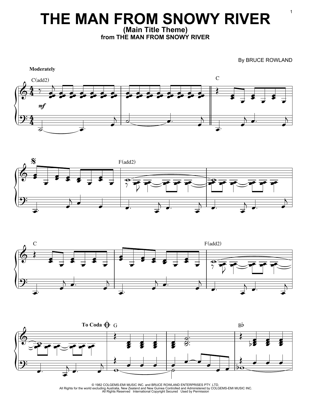 Bruce Rowland The Man From Snowy River Main Title Theme Sheet Music Pdf Notes Chords Film Tv Score Piano Solo Download Printable Sku 85258