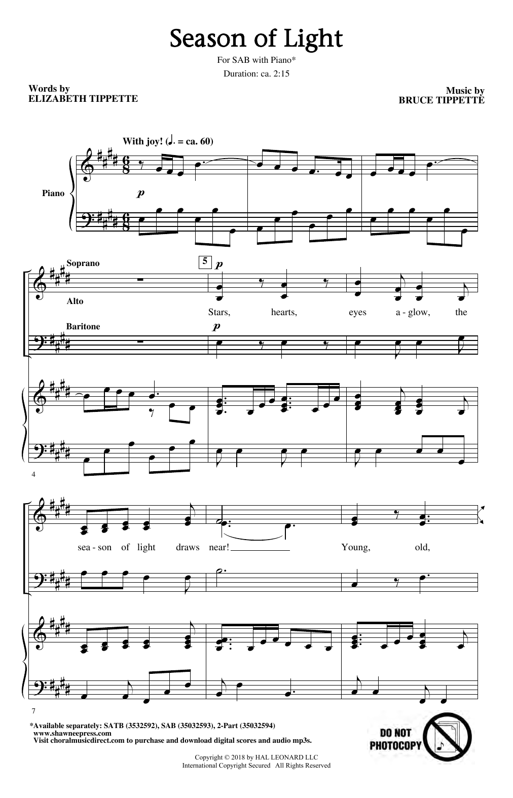 Learn to play Bruce Tippette & Elizabeth Tippette Season Of Light sheet music for 2-Part Choir in minutes. Price: 3.9900$ Bruce Tippette & Elizabeth Tippette Season Of Light sheet music notes and chords arranged for 2-Part Choir