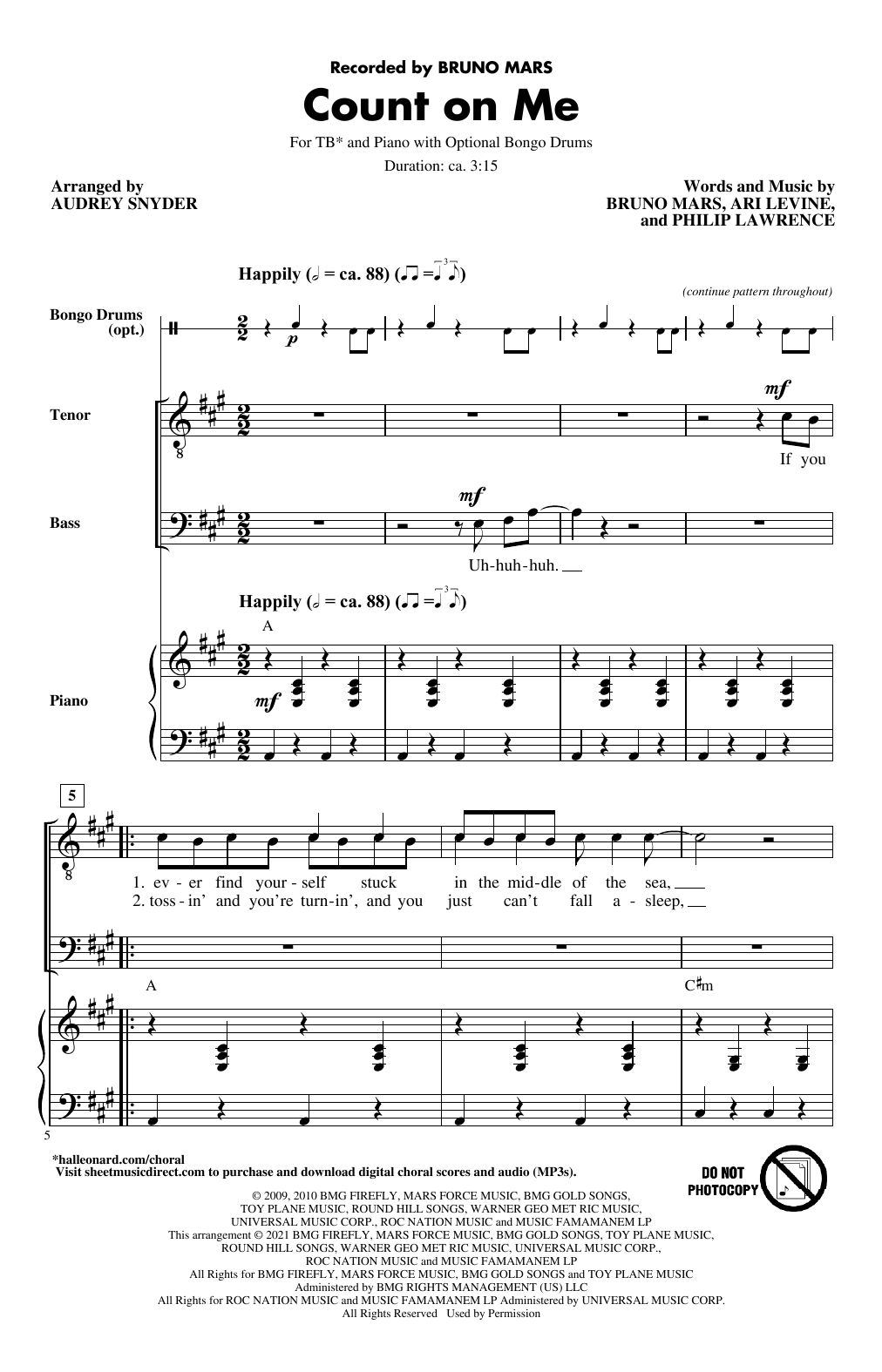 Bruno Mars Count On Me (arr. Audrey Snyder) sheet music notes and chords. Download Printable PDF.