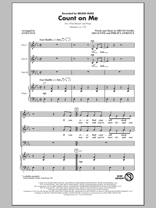 Bruno Mars Count On Me Arr Janet Day Sheet Music Pdf Notes Chords Pop Score 2 Part Choir Download Printable Sku 003
