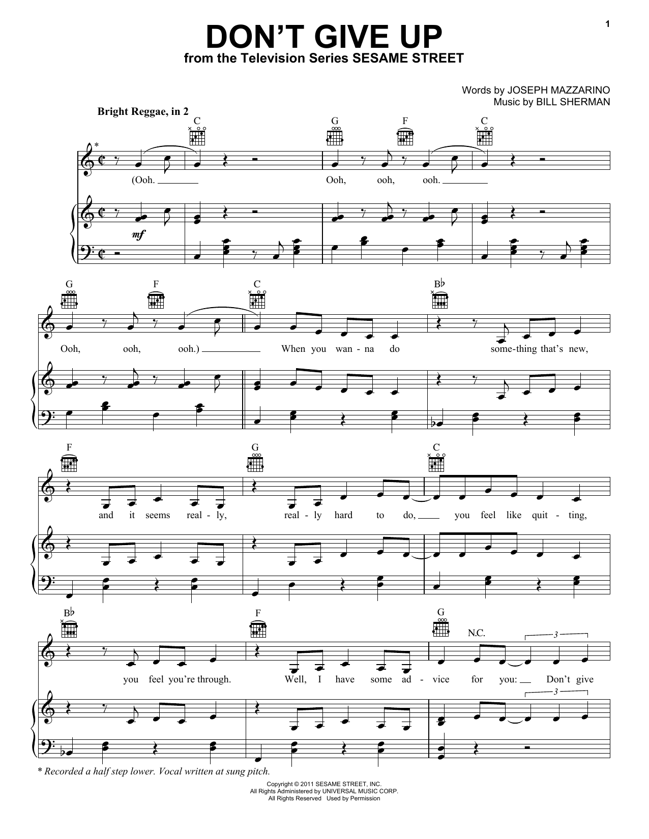 Learn to play Bruno Mars Don't Give Up (from Sesame Street) sheet music for Piano, Vocal & Guitar (Right-Hand Melody) in minutes. Bruno Mars Don't Give Up (from Sesame Street) sheet music notes and chords. Download Printable PDF.