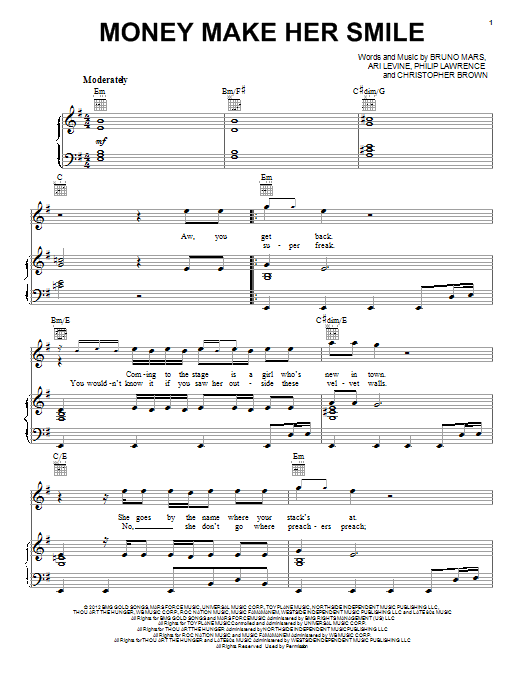 Preview Bruno Mars Money Make Her Smile Pop sheet music, notes and chords for Piano, Vocal & Guitar (Right-Hand Melody), SKU: 95373 sheet music, piano notes, chords, guitar tabs, score, transpose, transcribe, how to play, guide, download, learn, tutorial, progression, song, artist, awards, billboard, mtv, vh1, tour, single, album, release