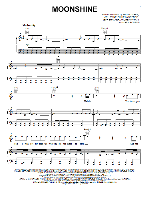 Bruno Mars Moonshine sheet music notes and chords. Download Printable PDF.