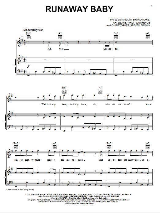 Bruno Mars Runaway Baby Sheet Music Pdf Notes Chords Pop Score Piano Vocal Guitar Right Hand Melody Download Printable Sku 77964