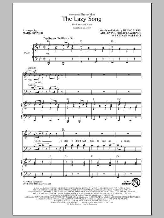 Bruno Mars The Lazy Song (arr. Mark Brymer) sheet music notes and chords. Download Printable PDF.