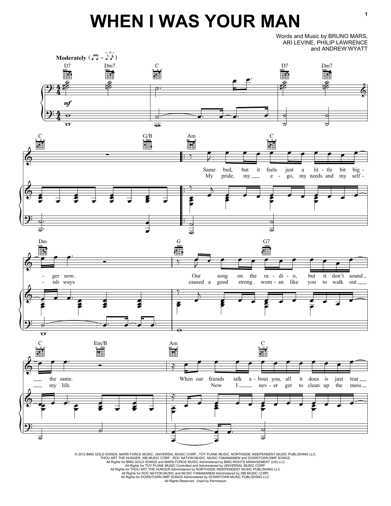 Bruno Mars When I Was Your Man Sheet Music Pdf Notes Chords Rock Score Piano Solo Download Printable Sku 150844