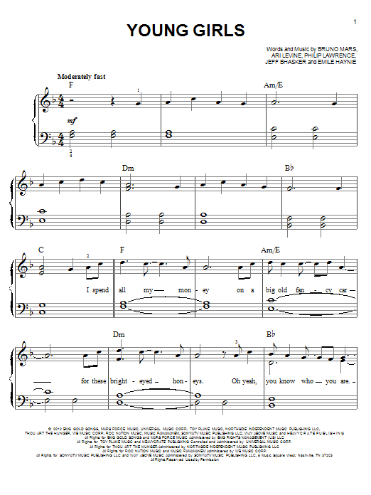 Bruno Mars Young Girls sheet music notes and chords. Download Printable PDF.