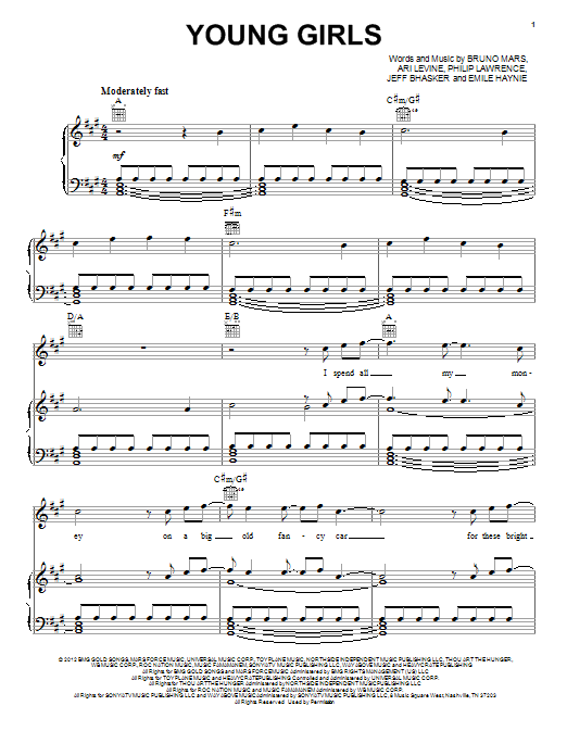 Bruno Mars Young Girls sheet music notes and chords. Download Printable PDF.