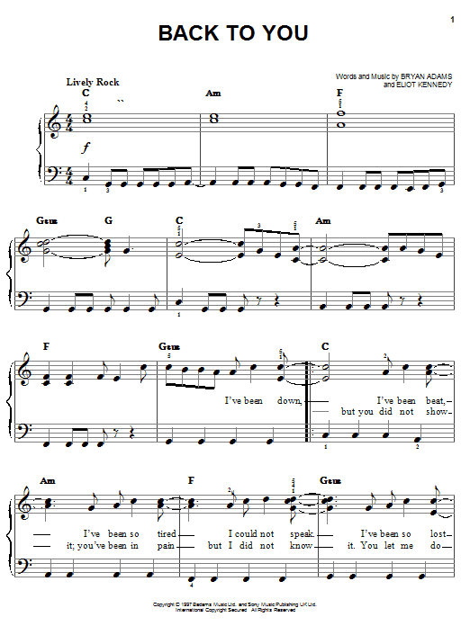 Bryan Adams Back To You sheet music notes and chords arranged for Easy Piano