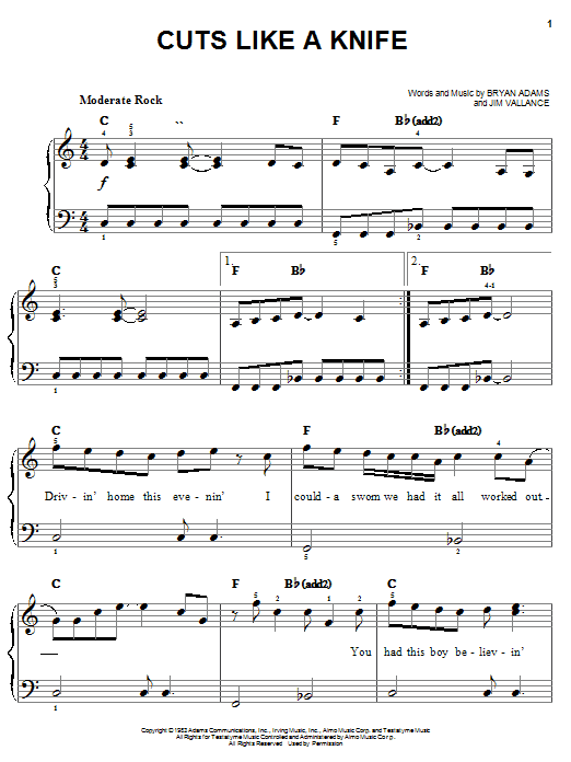 Learn to play Bryan Adams Cuts Like A Knife sheet music for Easy Piano in minutes. Price: 6.9900$ Bryan Adams Cuts Like A Knife sheet music notes and chords arranged for Easy Piano