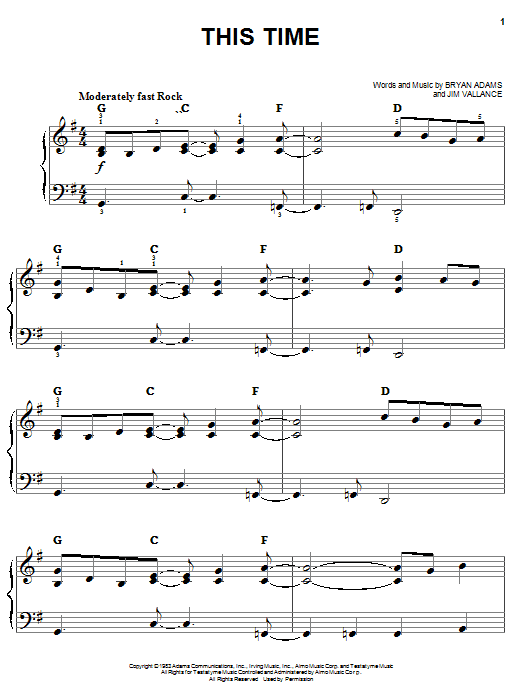 Learn to play Bryan Adams This Time sheet music for Easy Piano in minutes. Price: 6.9900$ Bryan Adams This Time sheet music notes and chords arranged for Easy Piano