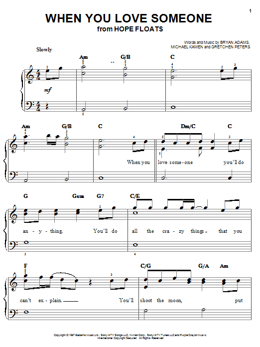 Learn to play Bryan Adams When You Love Someone sheet music for Easy Piano in minutes. Price: 6.9900$ Bryan Adams When You Love Someone sheet music notes and chords arranged for Easy Piano