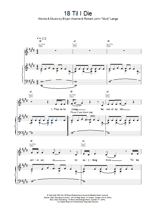 Bryan Adams 18 'Til I Die sheet music for Piano, Vocal & Guitar (Right-Hand Melody) in minutes. Price: 7.8900$ Bryan Adams 18 'Til I Die sheet music notes and chords. Download Printable PDF.