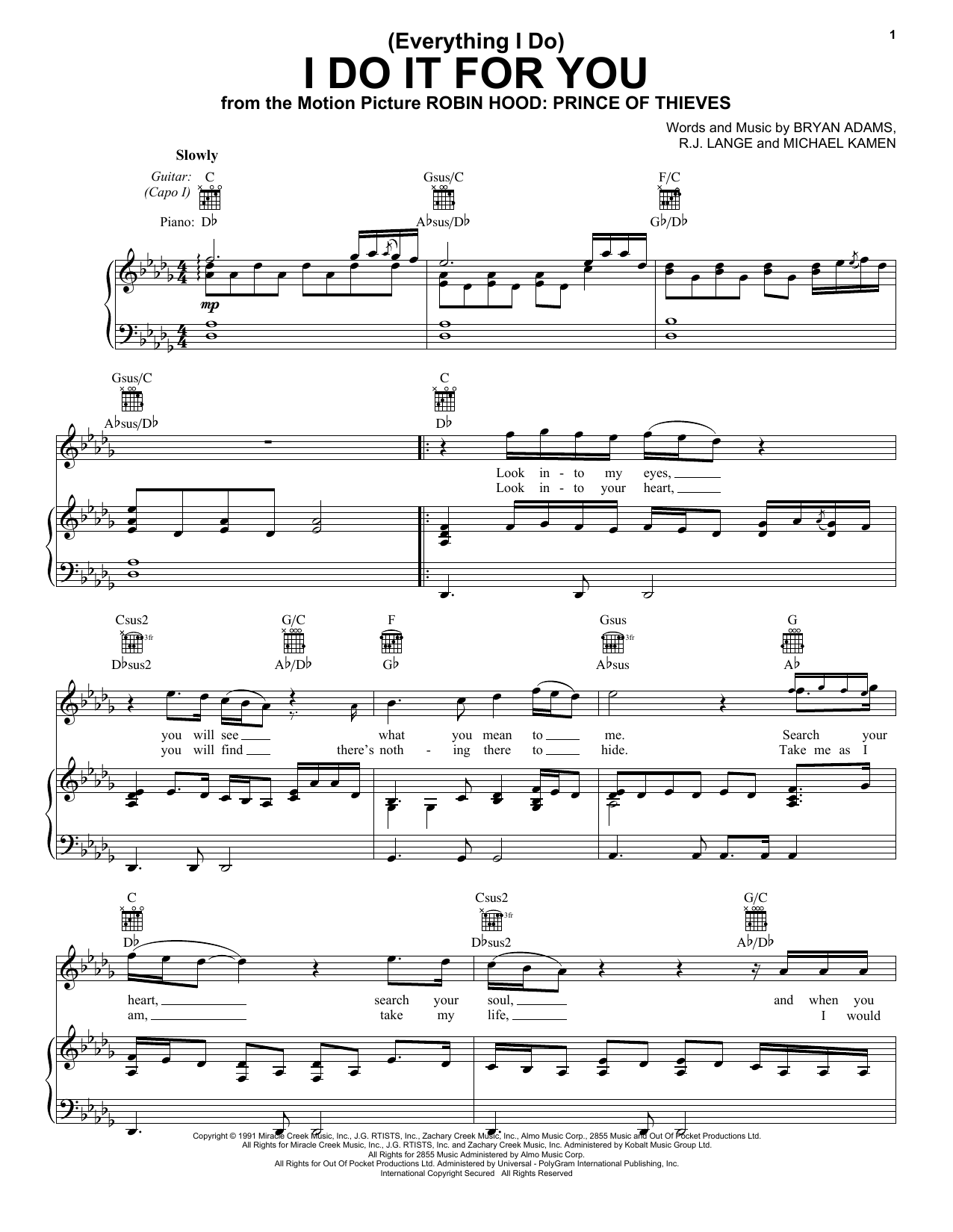 Bryan Adams Everything I Do I Do It For You Sheet Music Pdf Notes Chords Rock Score Piano Chords Lyrics Download Printable Sku 109413