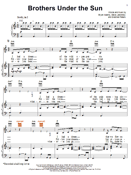 Learn to play Bryan Adams Brothers Under The Sun sheet music for Piano, Vocal & Guitar (Right-Hand Melody) in minutes. Bryan Adams Brothers Under The Sun sheet music notes and chords. Download Printable PDF.