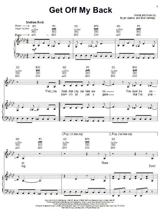 Bryan Adams Get Off My Back sheet music notes and chords. Download Printable PDF.