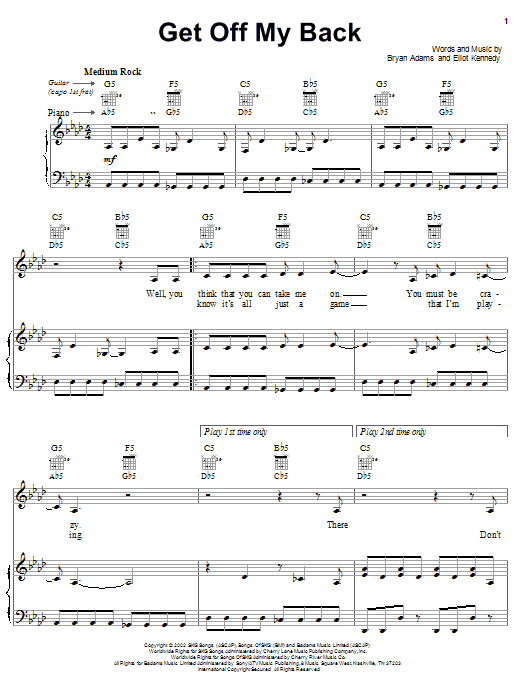 Learn to play Bryan Adams Get Off My Back sheet music for Piano, Vocal & Guitar (Right-Hand Melody) in minutes. Bryan Adams Get Off My Back sheet music notes and chords. Download Printable PDF.
